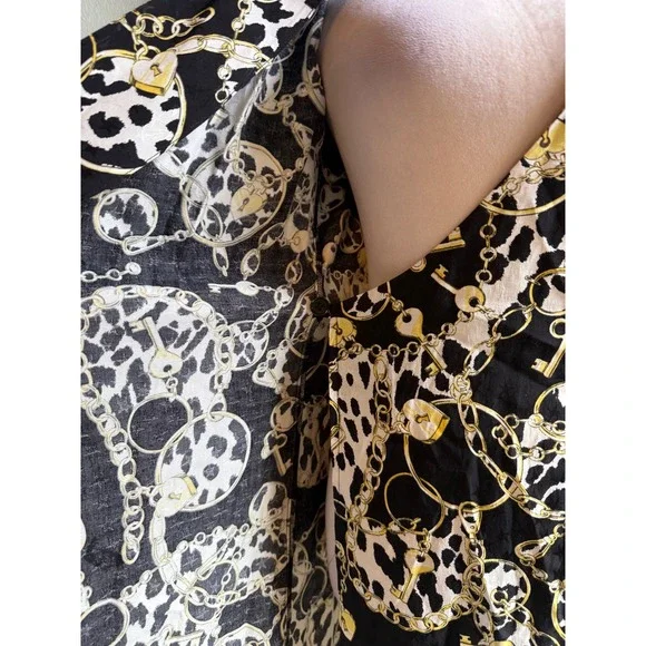 TOP SHOP Black White Gold Chain Print Wrap Maxi Dress Puff Sleeve hearts stars 4 - Picture 3 of 5